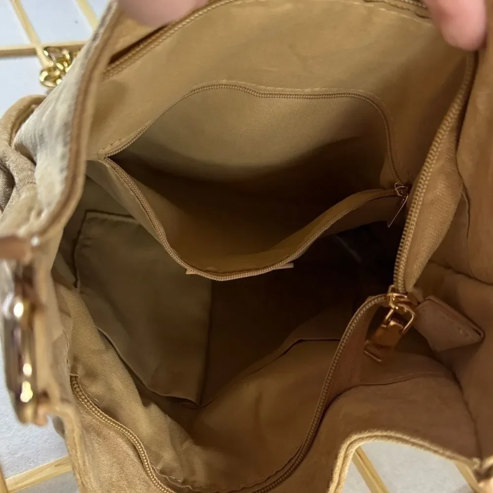AH DORNED women’s tan brown suede shoulder bag and gold link chain strap